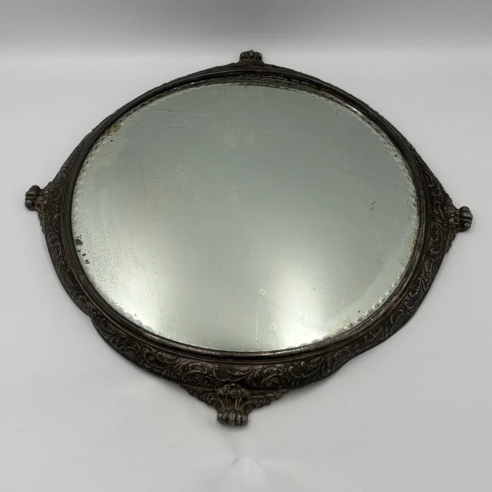 Antique Von Bergh S.P. Co. Beveled Mirror Silver‎ Plated Repousse Vanity Plateau